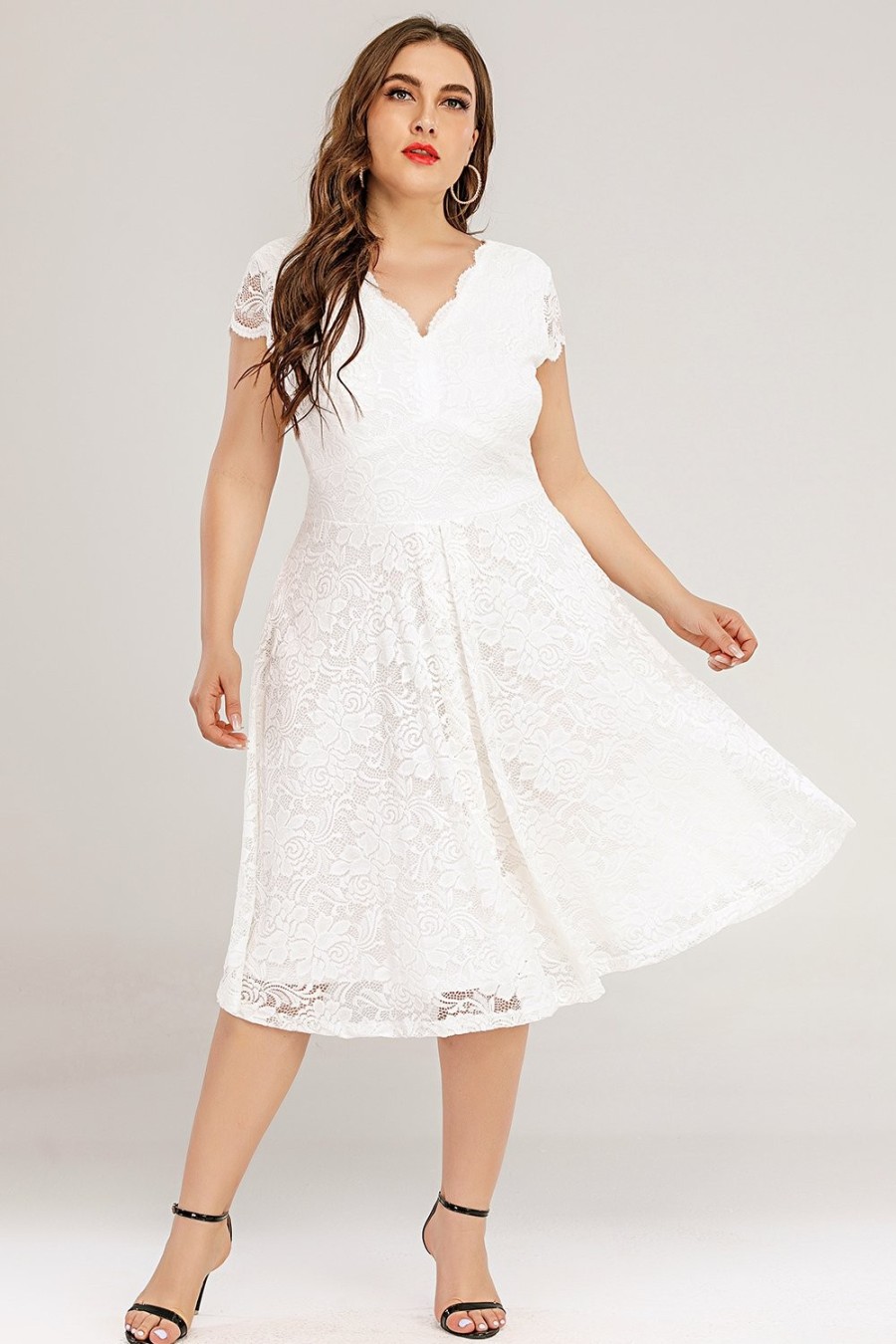 Vestidos Vintage ZAPAKA | Mais Tamanho Vestido De Renda Midi Branco