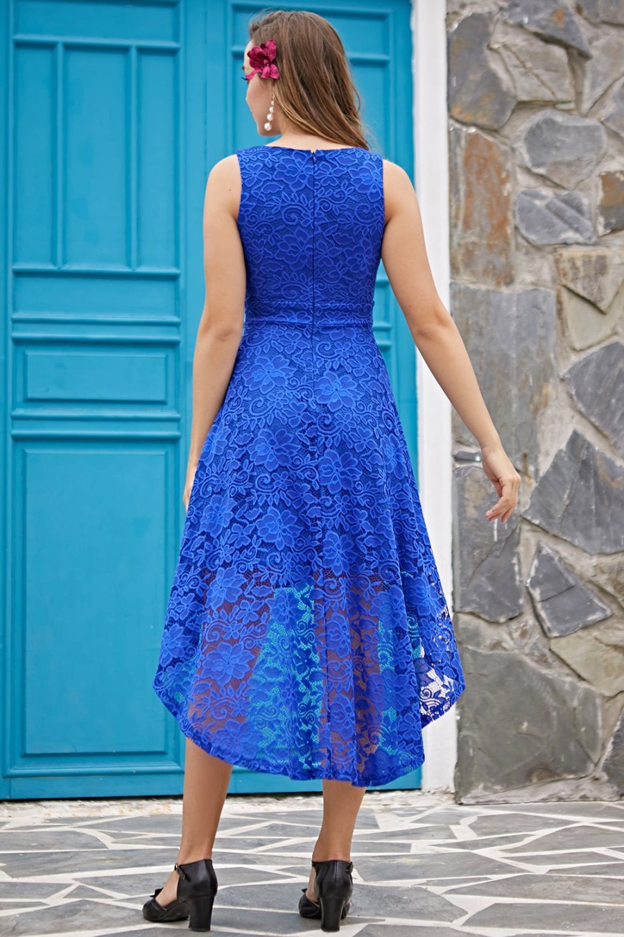 Festa ZAPAKA | Vestido De Renda Azul Royal Com Decote Em V