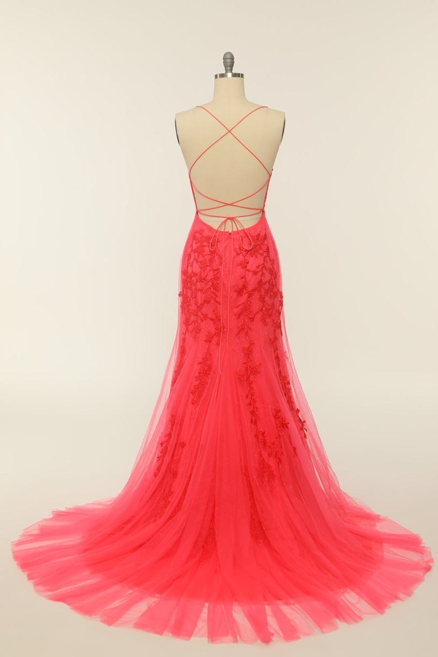 Festa ZAPAKA | Coral Backless Long Prom Dress Com Apliques