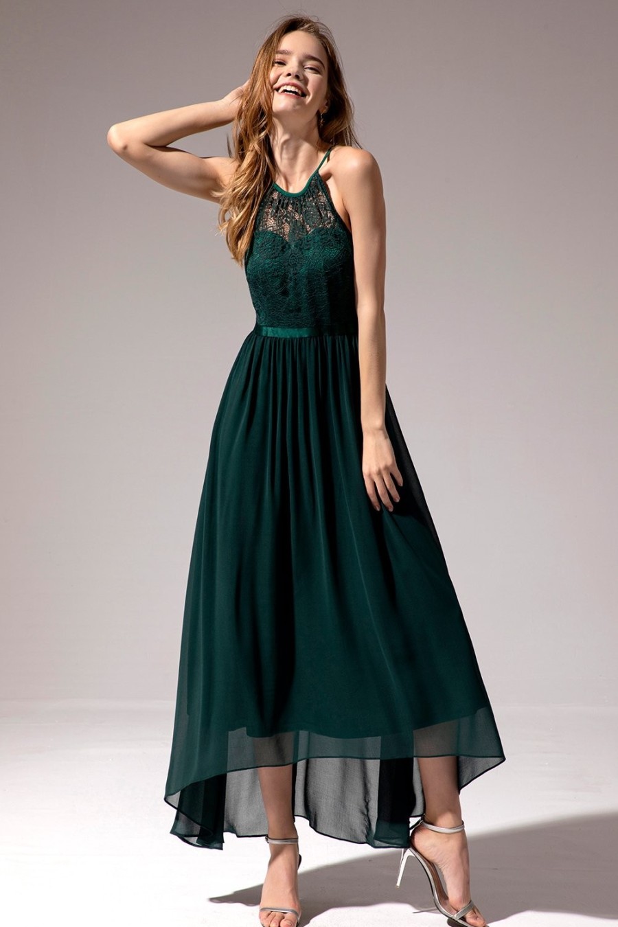 Festa ZAPAKA | Vestido De Dama De Honra De Chiffon Verde Escuro