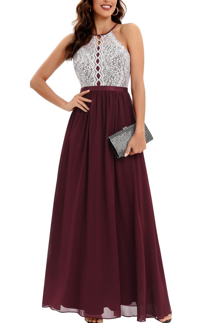 Festa ZAPAKA | Burgundy A Line Halter Longo Vestido De Dama De Honra Com Renda