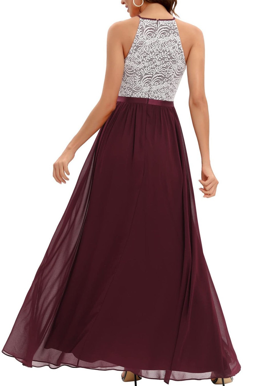 Festa ZAPAKA | Burgundy A Line Halter Longo Vestido De Dama De Honra Com Renda