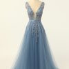 Festa ZAPAKA | Vestido De Baile De Tulle Azul Com Apliques