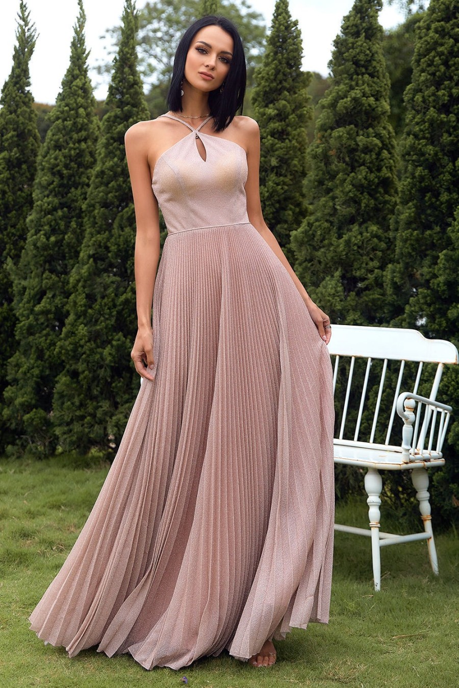 Festa ZAPAKA | Blush Halter Sparkly Prom Dress Com Ruffles