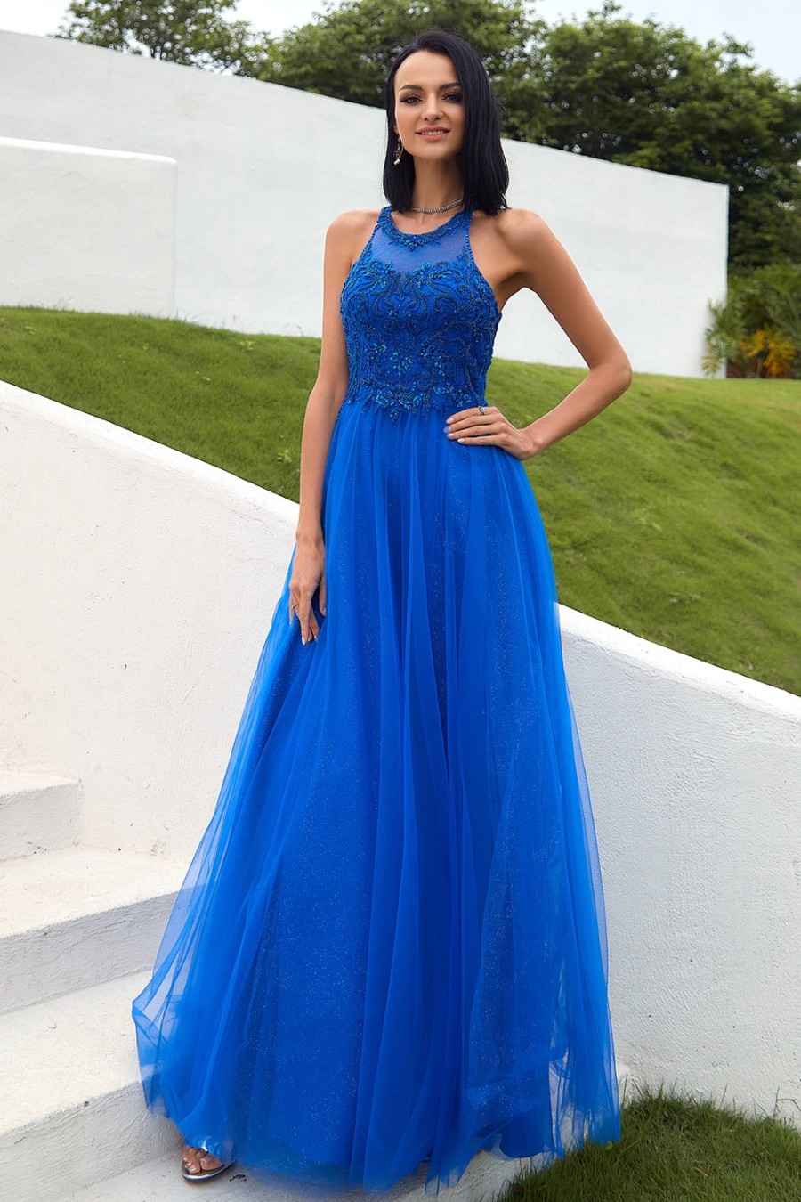 Festa ZAPAKA | Vestido Real Azul Tulle Prom Com Apliques