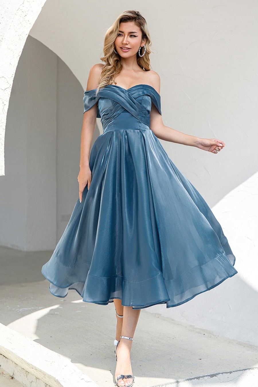 Festa ZAPAKA | Princesa A Linha Fora Do Ombro Grey Blue Prom Party Dress