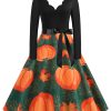 Vestidos Vintage ZAPAKA | Manga Comprida Ondulada V-Neck Imprimir Vestido Retro De Halloween