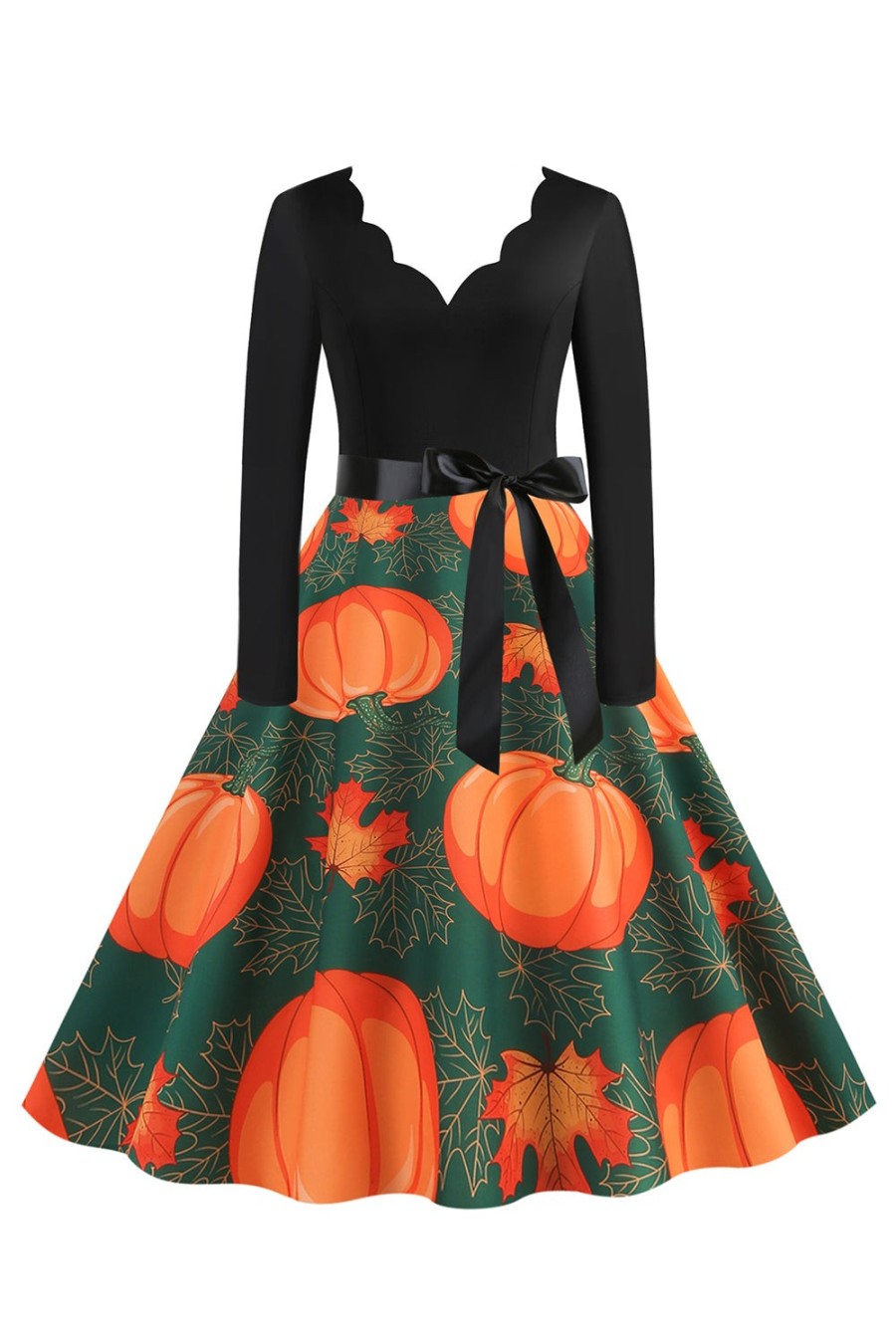 Vestidos Vintage ZAPAKA | Manga Comprida Ondulada V-Neck Imprimir Vestido Retro De Halloween