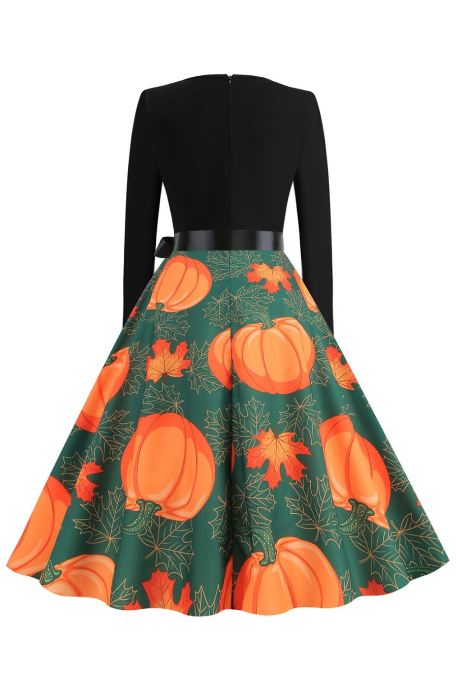 Vestidos Vintage ZAPAKA | Manga Comprida Ondulada V-Neck Imprimir Vestido Retro De Halloween