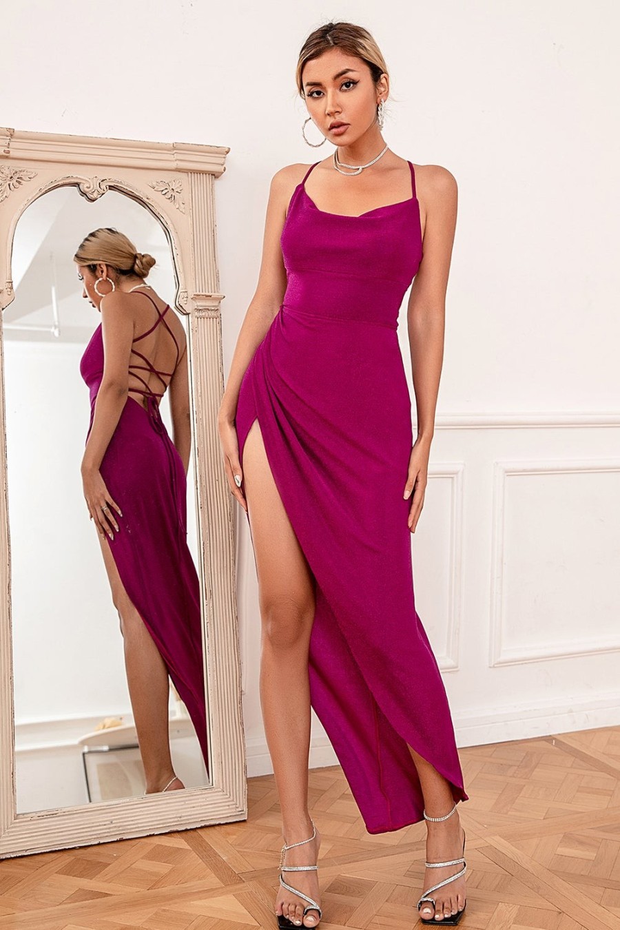 Festa ZAPAKA | Vestido De Festa De Sheath Halter Fuchsia Com Cris Cross Back