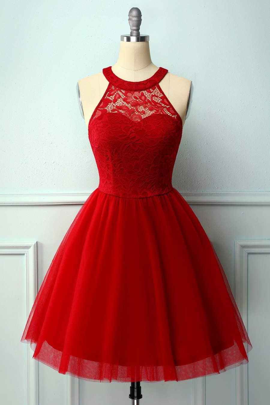 Festa ZAPAKA | Vestido De Renda Halter Vermelho Escuro