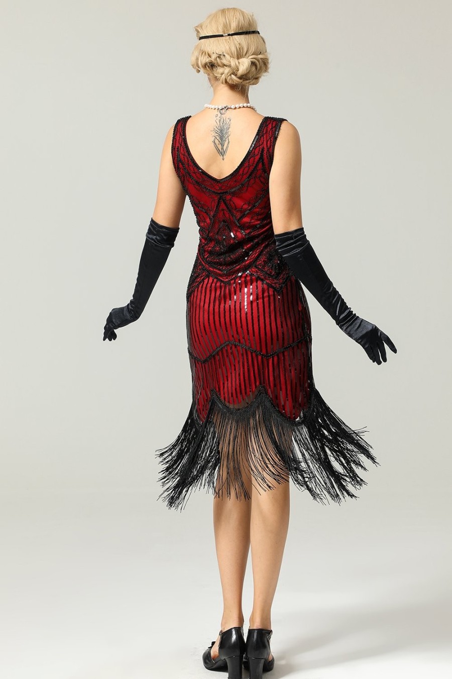 Festa ZAPAKA-1920 | Vestido Vermelho E Preto Deep V Neck Flapper 1920