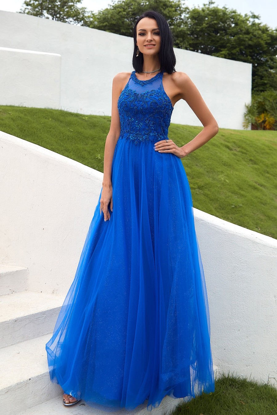 Festa ZAPAKA | Vestido Real Azul Tulle Prom Com Apliques