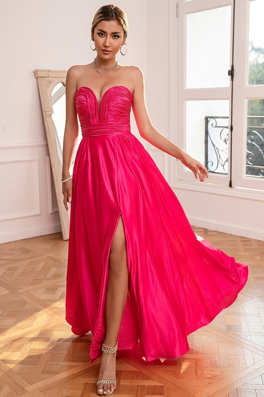 Festa ZAPAKA | Fuchsia Strapless Vestido De Baile Com Fenda