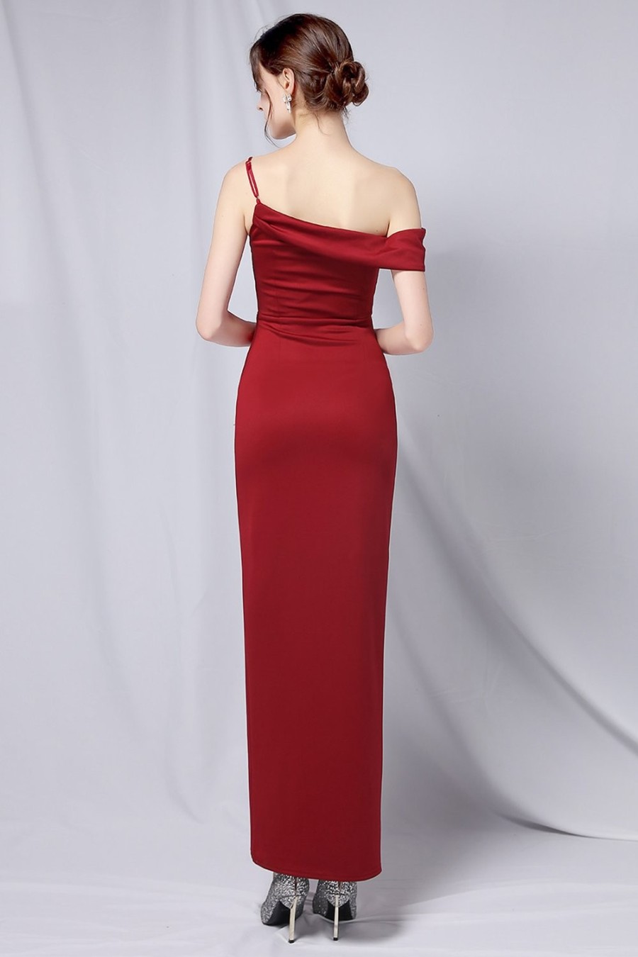 Festa ZAPAKA | Borgonha One Shoulder Vestido De Baile Com Fenda